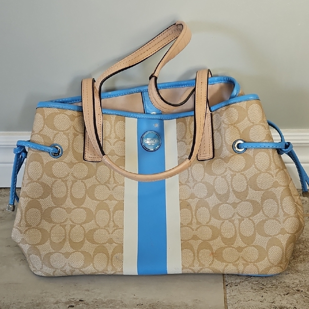 Coach Tan and Blue Signature Tote Bag
